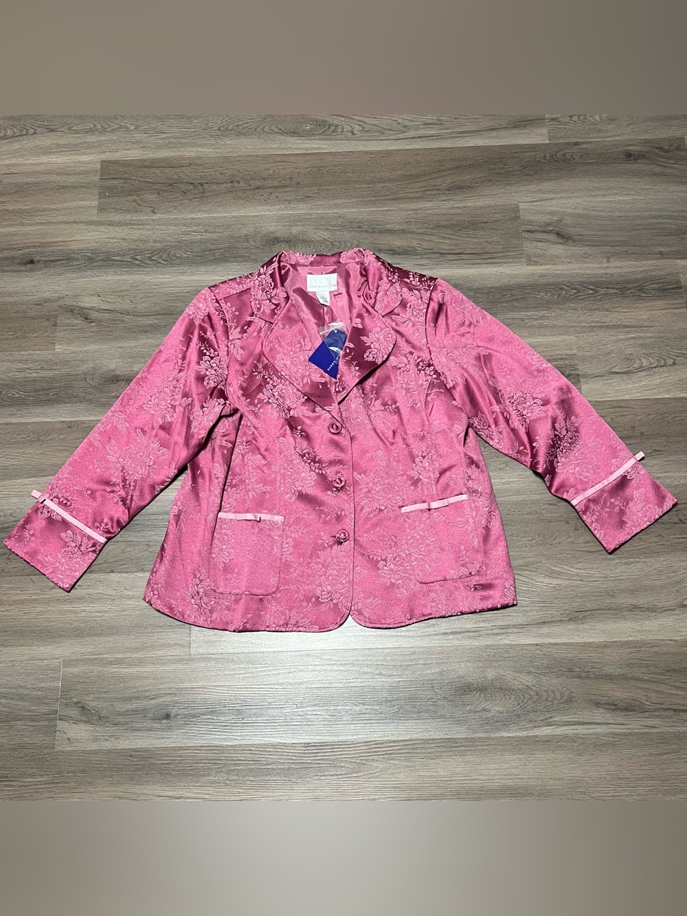 Susan Graver Women's 1X Blazer Pink Floral 3 Button Bow Collared Plus NWT